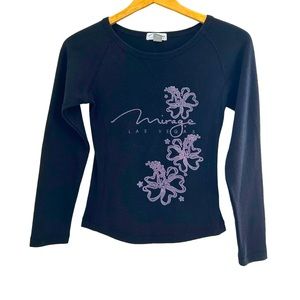 Mirage Las Vegas Black Textured Long Sleeve Top With Purple Floral Detail,Size S